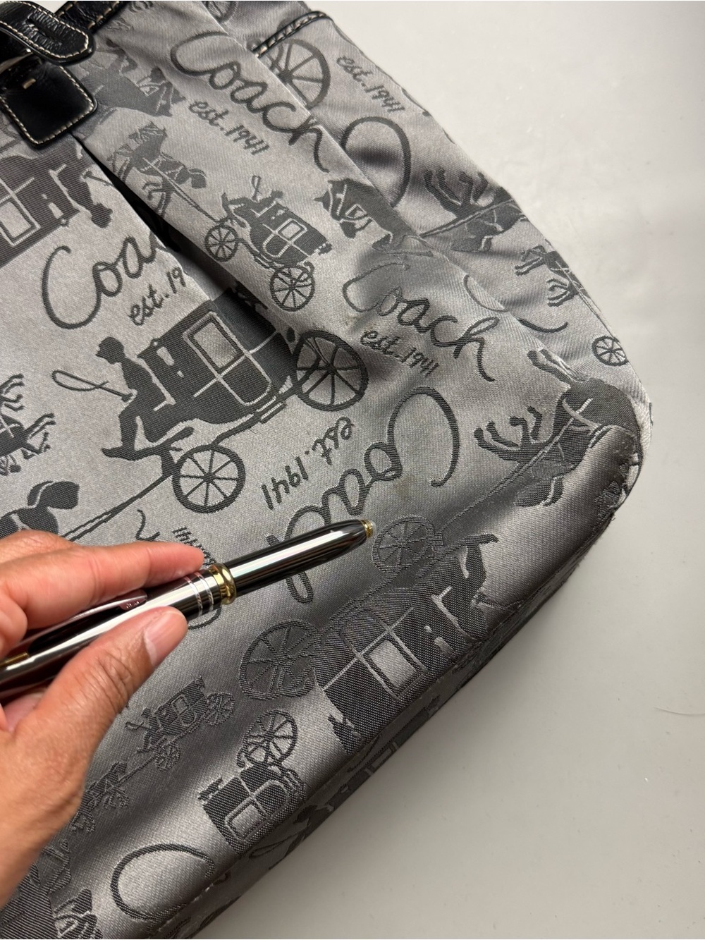 Coach Horse & Carriage Satin Jacquard Logo Tote Shoulder Bag Silver Gray Black - Picture 4 of 10
